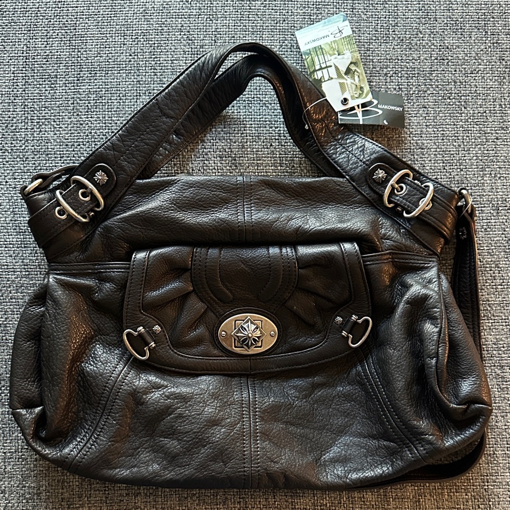 NWT B.Makowsky Black Leather handbag with Silver Accents